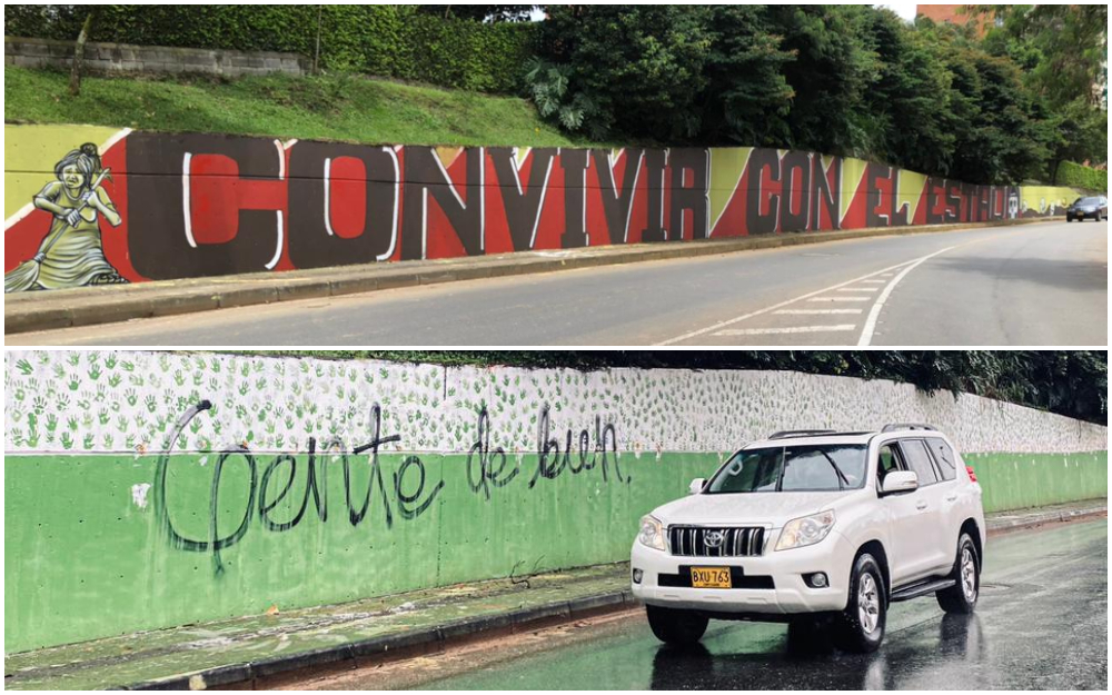 El duelo de paredes pintadas y borradas en medio del paro en Medellín